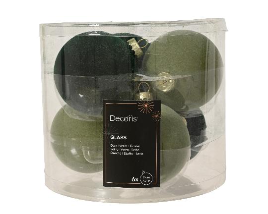 KARÁCSONYI GÖMB (6DB) 8CM FLOKKOLT GREEN MIX 062284