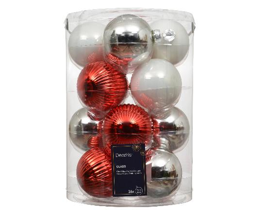 KARÁCSONYI GÖMB (16DB) 8CM BORDÁS RED-WHITE-SILVER 146582